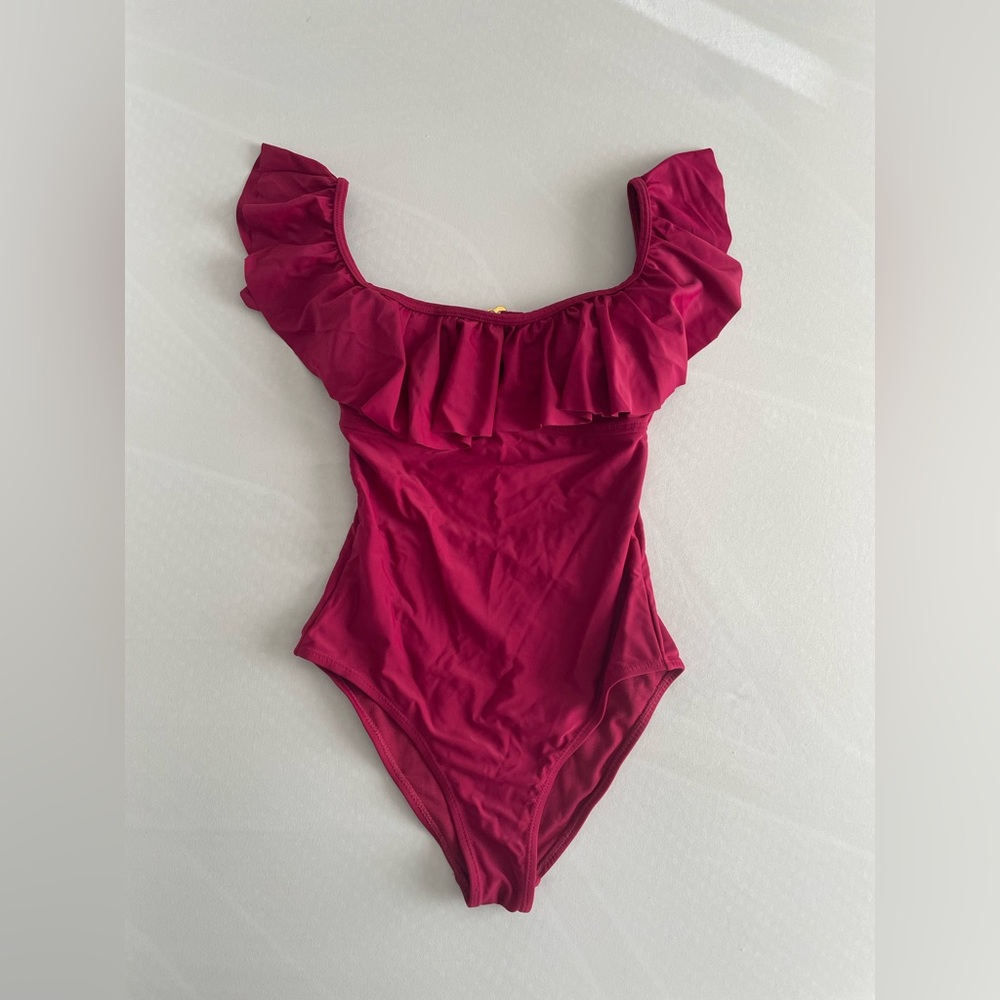 Arizona Jean Co Burgundy Ruffle Cutout One Piece Swimsuit Size S
